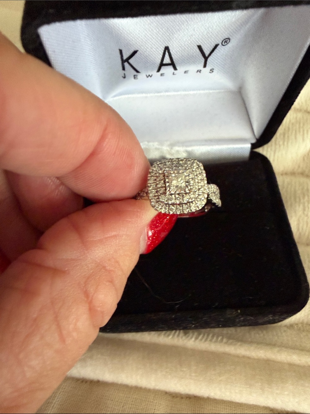 Kay Jewelers Silver White Gold Diamond Halo Ring with Pavé